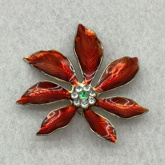 Vtg. Red Poinsettia Flower Brooch Sparklecore Statement MCM - Picture 1 of 7